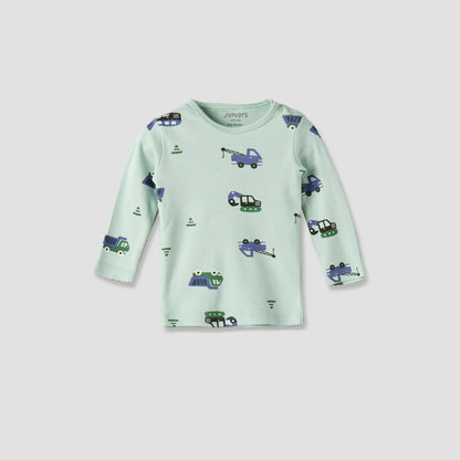 Juniors Cotton Round Neck Long Sleeves Pyjama Set with Construction Vehicle Print