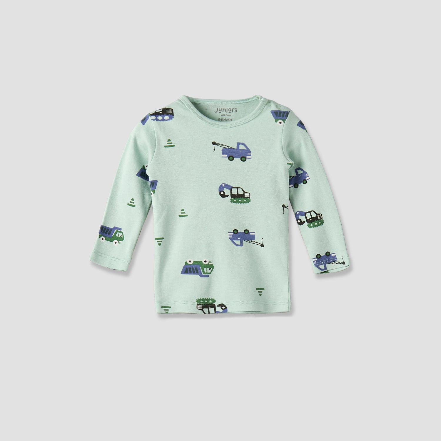 Juniors Cotton Round Neck Long Sleeves Pyjama Set with Construction Vehicle Print