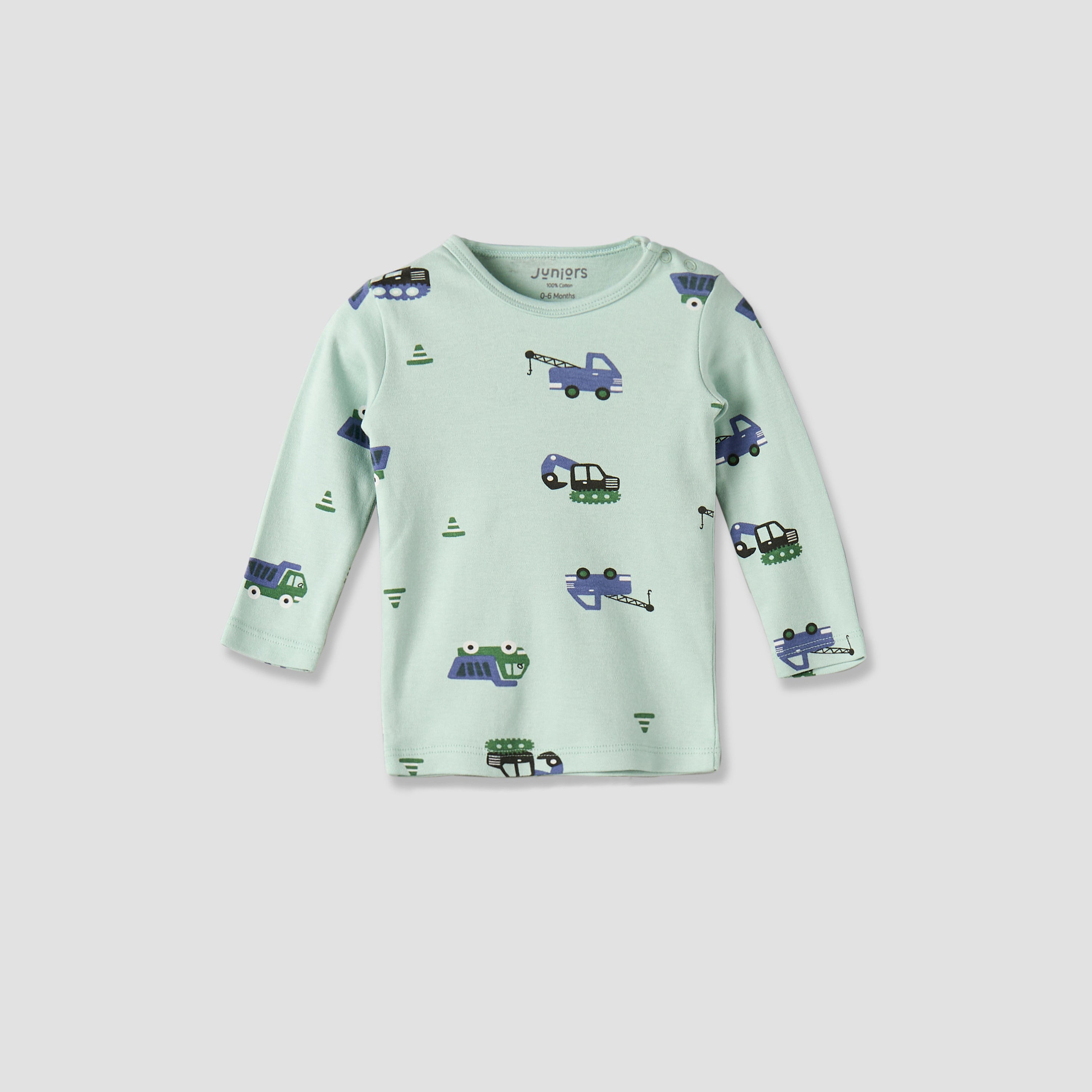 Juniors Cotton Round Neck Long Sleeves Pyjama Set with Construction Vehicle Print