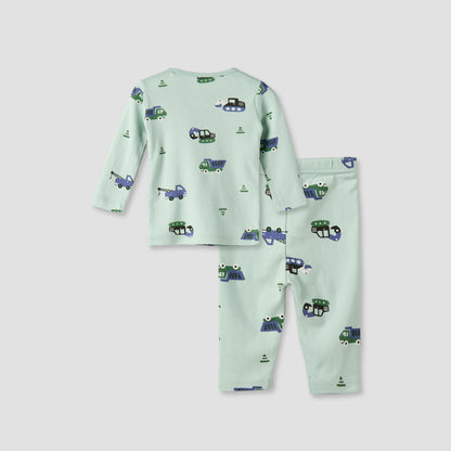 Juniors Cotton Round Neck Long Sleeves Pyjama Set with Construction Vehicle Print