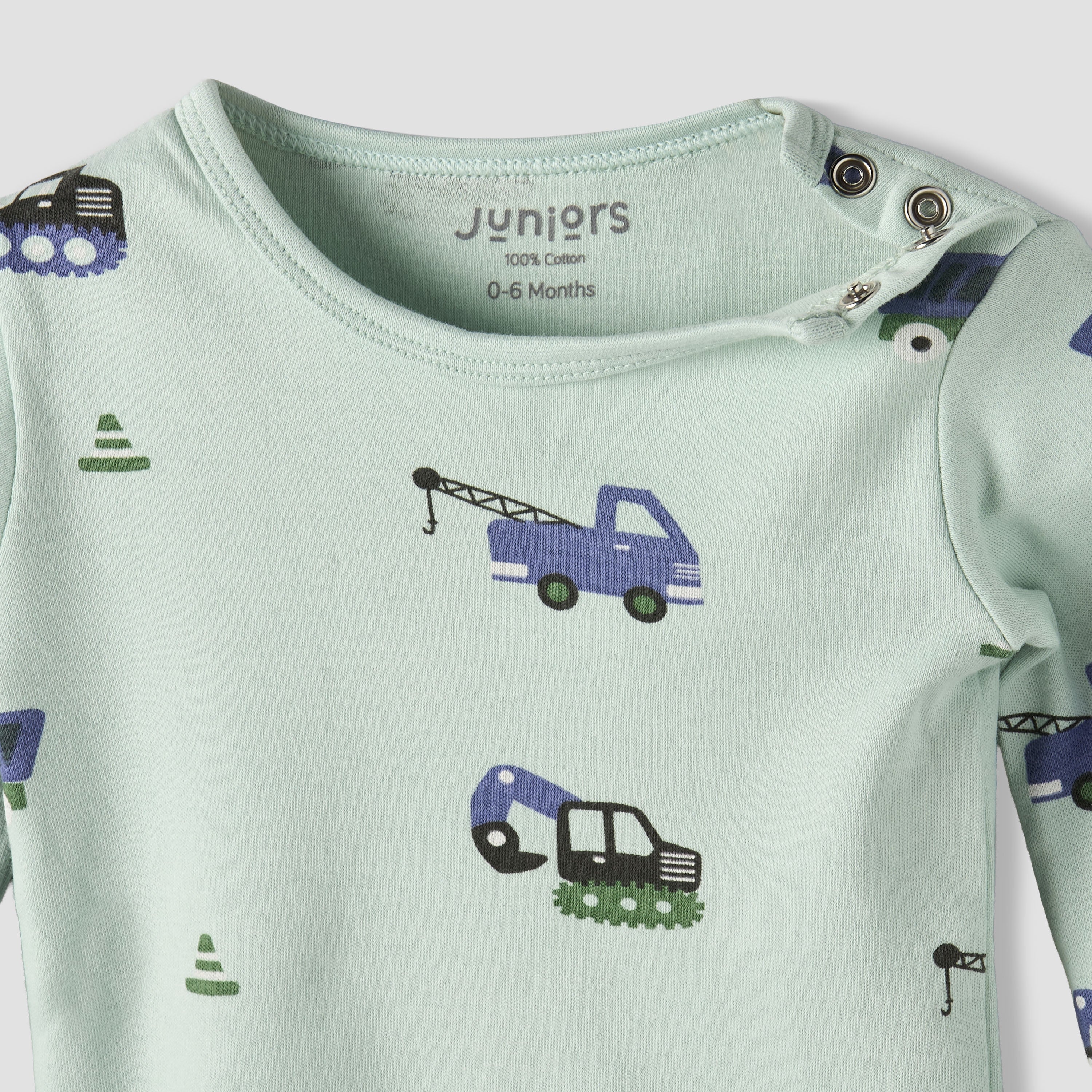 Juniors Cotton Round Neck Long Sleeves Pyjama Set with Construction Vehicle Print