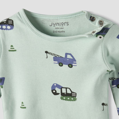 Juniors Cotton Round Neck Long Sleeves Pyjama Set with Construction Vehicle Print