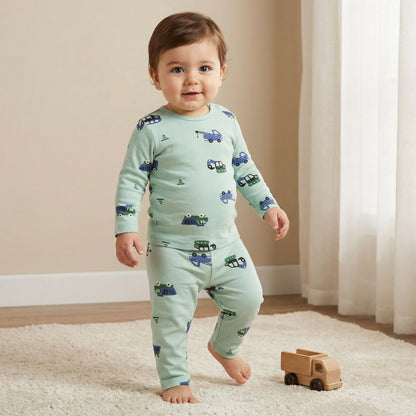 Juniors Cotton Round Neck Long Sleeves Pyjama Set with Construction Vehicle Print