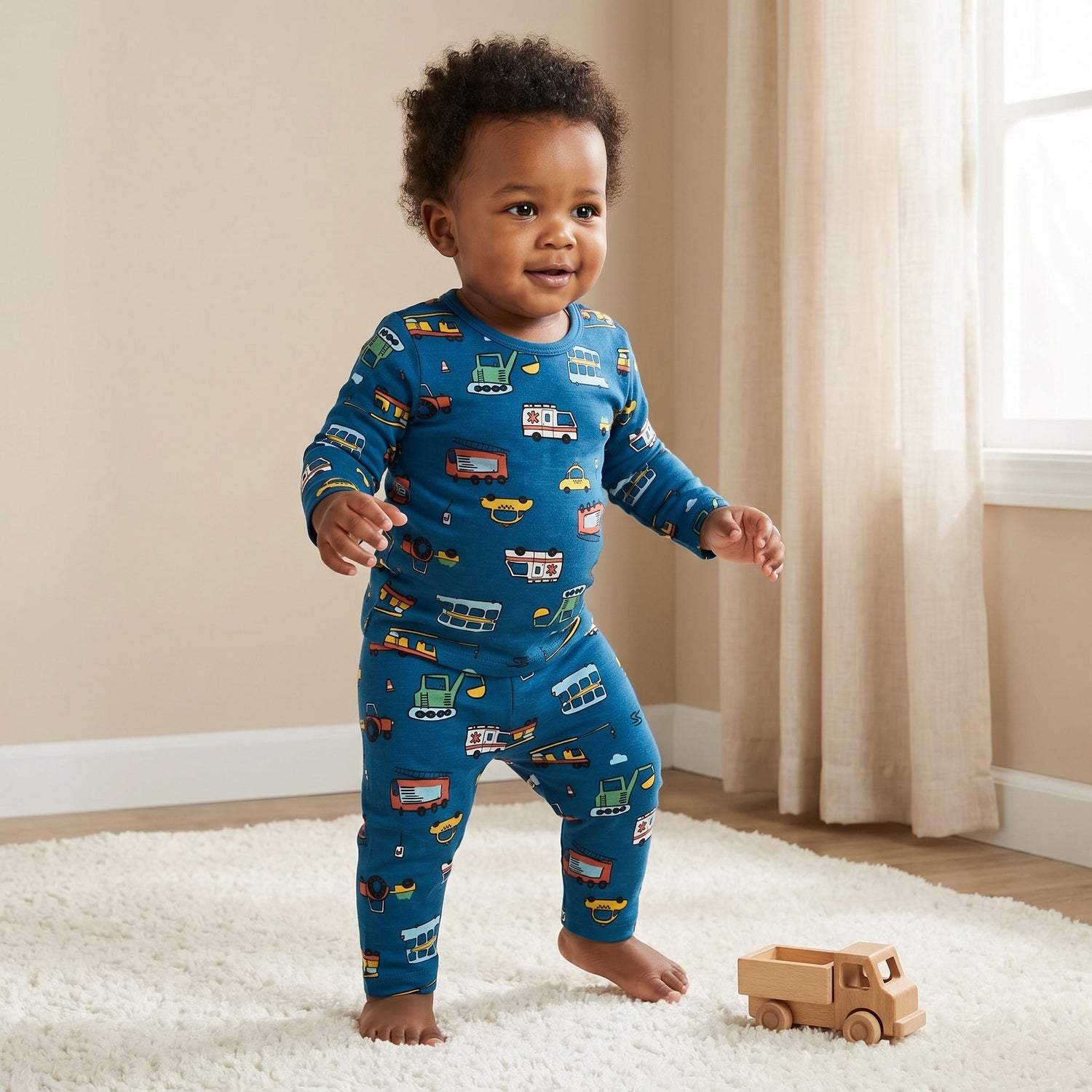 Juniors Cotton Round Neck Long Sleeve Pyjama Set with Vehicle Print - Blue / 12-18 mths