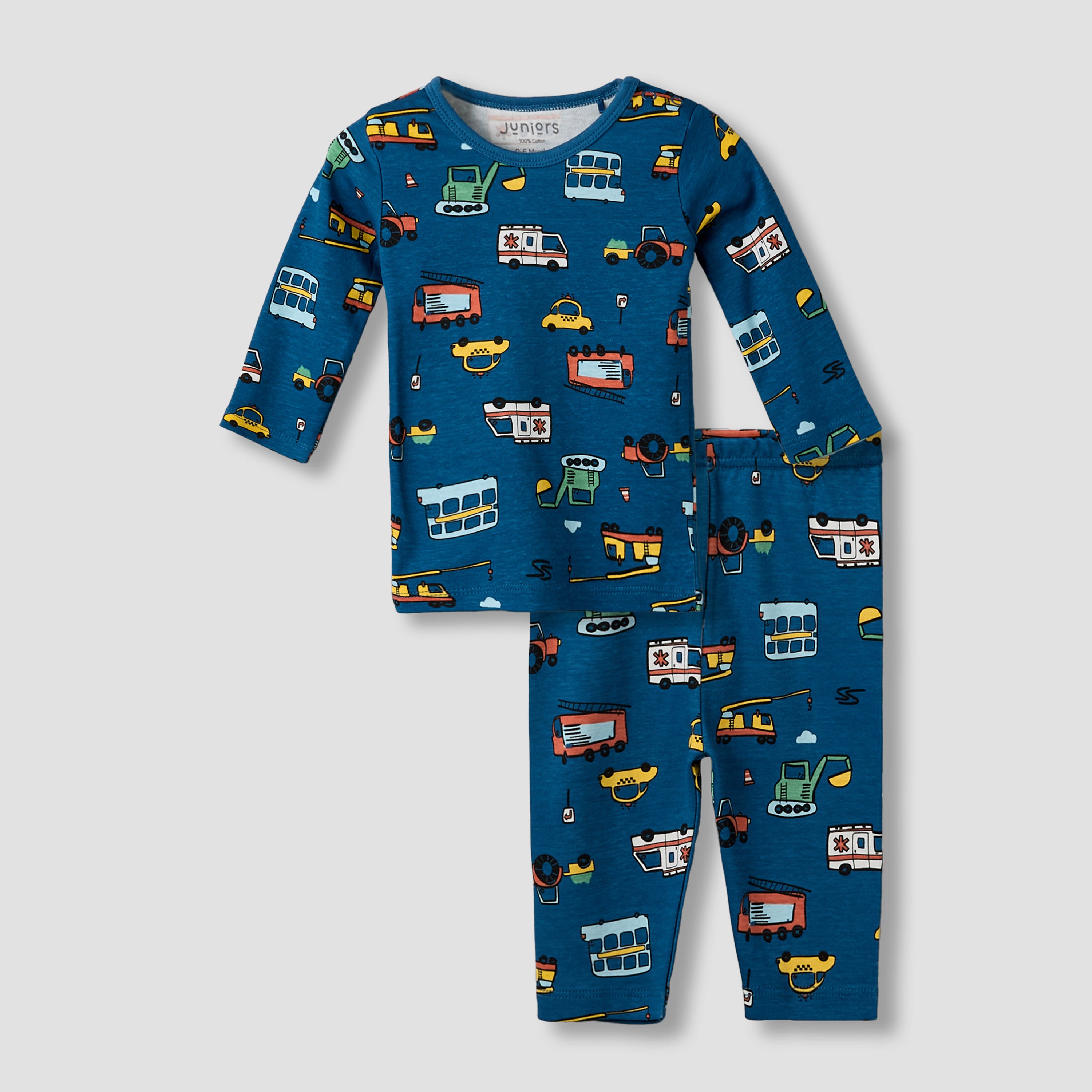 Juniors Cotton Round Neck Long Sleeve Pyjama Set with Vehicle Print