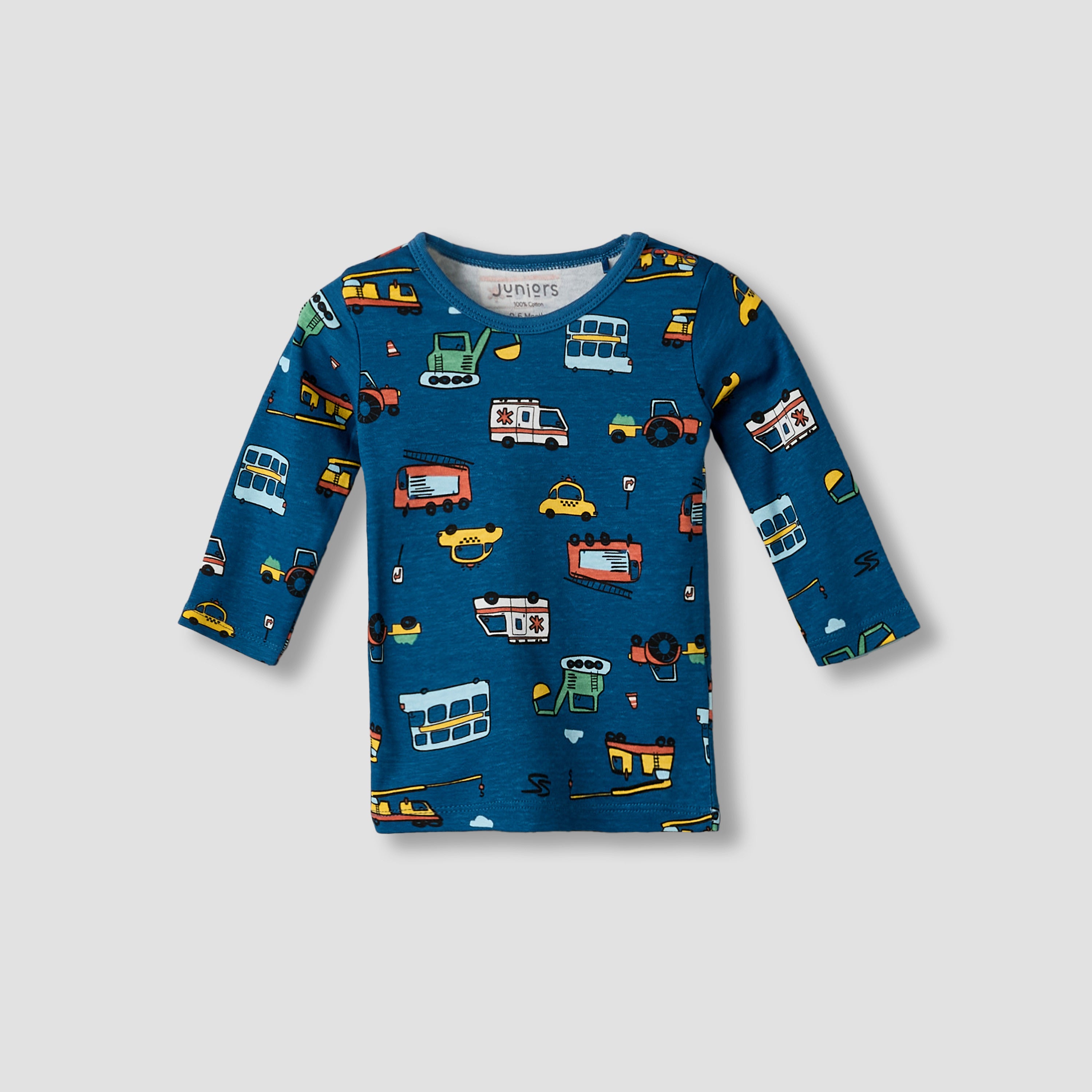 Juniors Cotton Round Neck Long Sleeve Pyjama Set with Vehicle Print