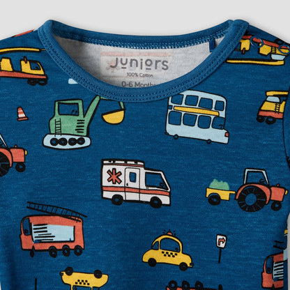 Juniors Cotton Round Neck Long Sleeve Pyjama Set with Vehicle Print