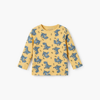 Juniors Cotton Round Neck Long Sleeves Pyjama Set with Dinosaur Print