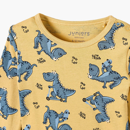 Juniors Cotton Round Neck Long Sleeves Pyjama Set with Dinosaur Print