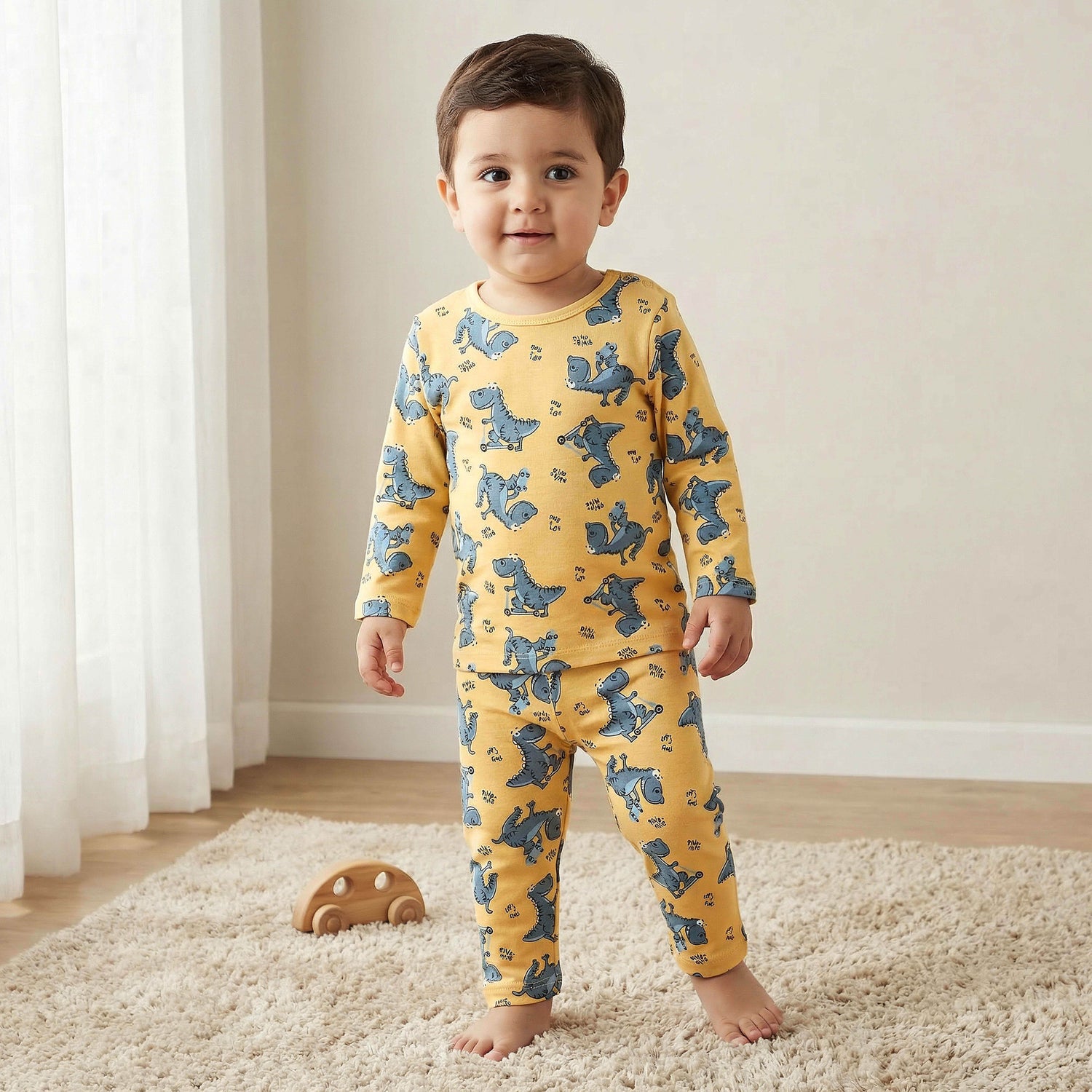 Juniors Cotton Round Neck Long Sleeves Pyjama Set with Dinosaur Print