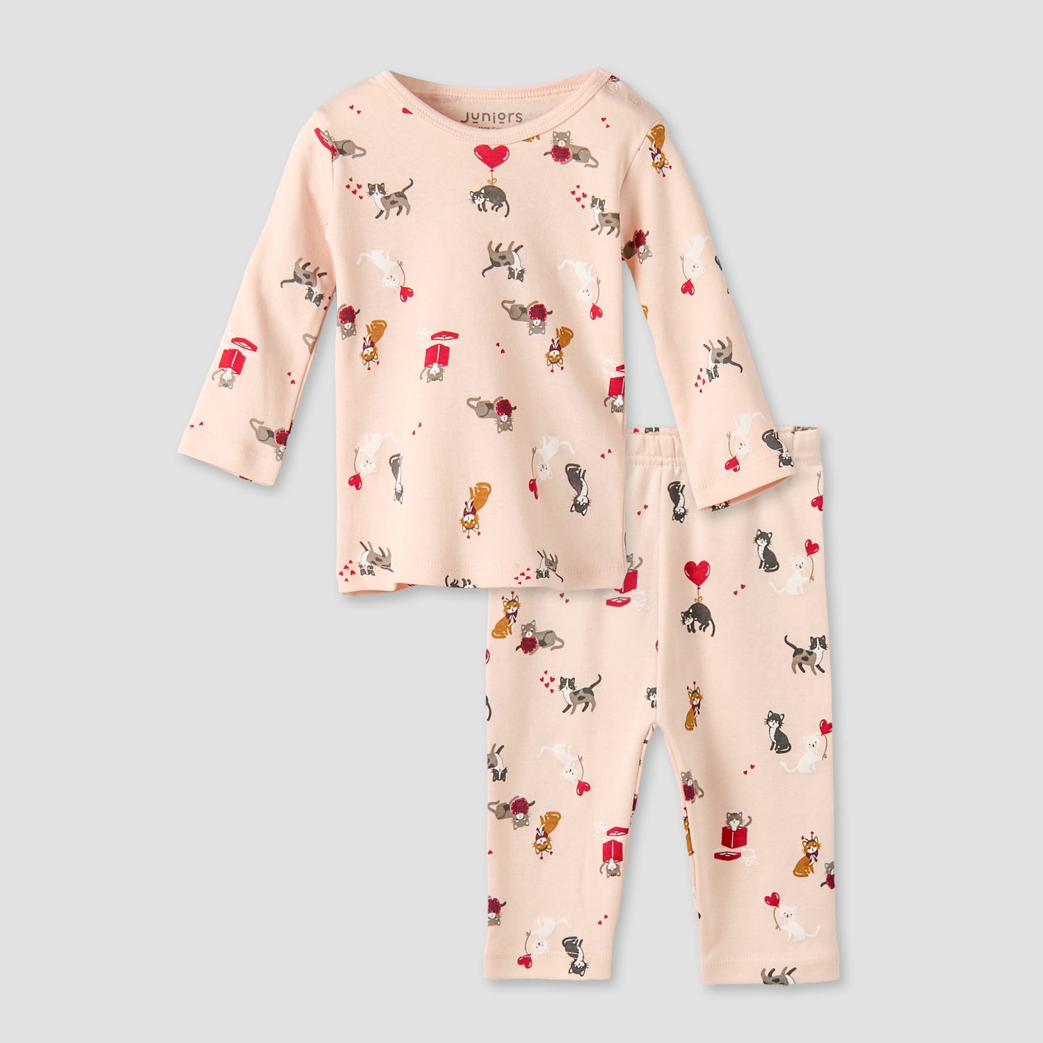 Juniors Cotton Round Neck Long Sleeve Pyjama Set with Cat Print - Peach / 12-18 mths