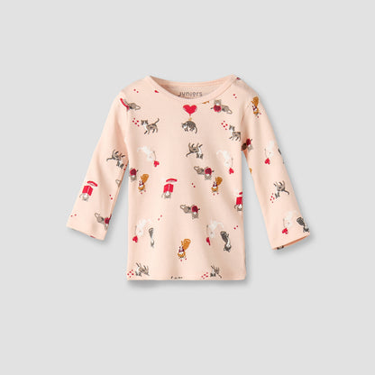 Juniors Cotton Round Neck Long Sleeve Pyjama Set with Cat Print