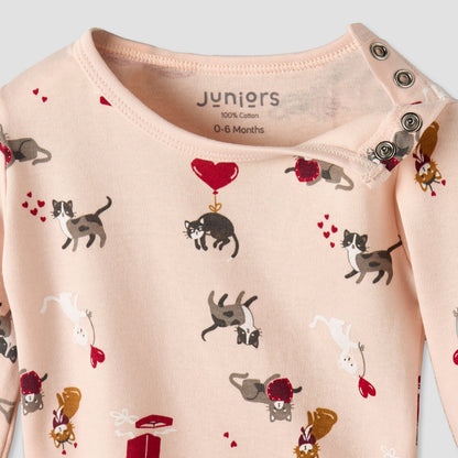 Juniors Cotton Round Neck Long Sleeve Pyjama Set with Cat Print