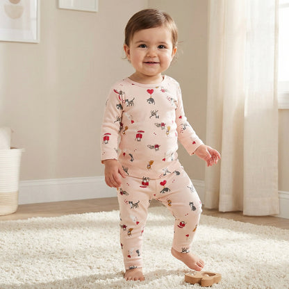 Juniors Cotton Round Neck Long Sleeve Pyjama Set with Cat Print - Peach / 18-24 mths