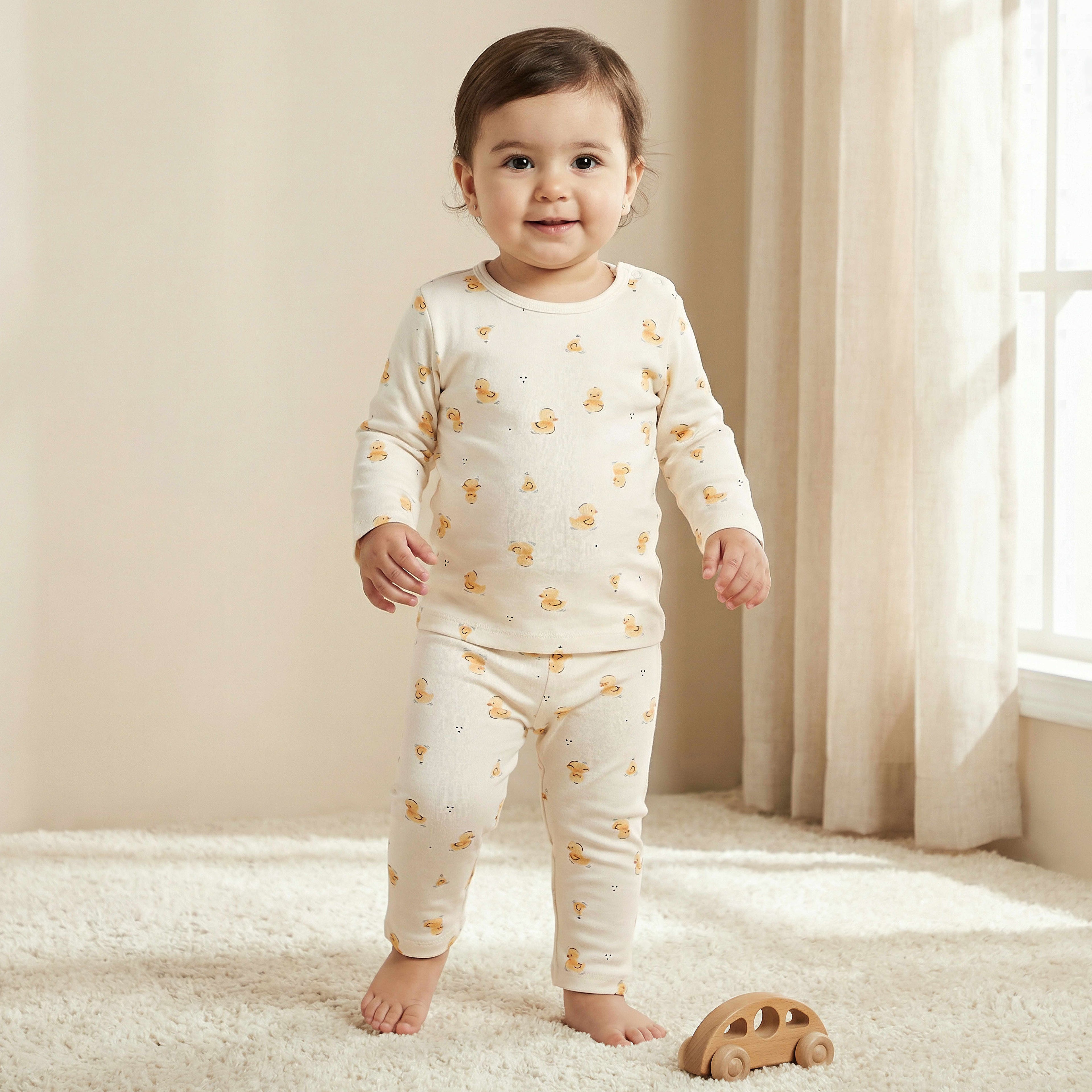 Juniors Cotton Round Neck Long Sleeves Pyjama Set with Duck Print