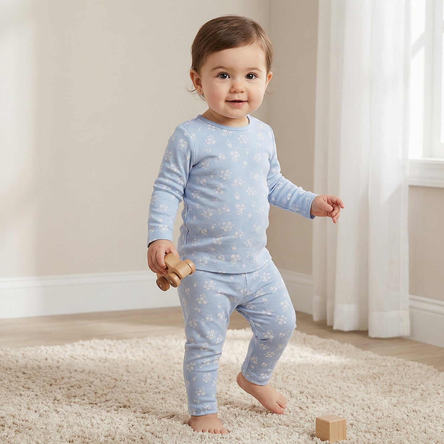 Juniors Cotton Round Neck Long Sleeve Pyjama Set with Floral Print - Blue / 18-24 mths