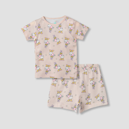 Disney Round Neck Short Sleeve T-shirt and Shorts Set with Daisy Duck Print