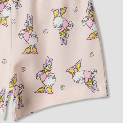 Disney Round Neck Short Sleeve T-shirt and Shorts Set with Daisy Duck Print