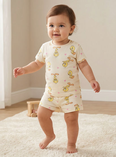 Warner Bros Round Neck Short Sleeve T-shirt and Shorts Set with Tweety Print-baby-girls-clothing-setsandcoords-image-1