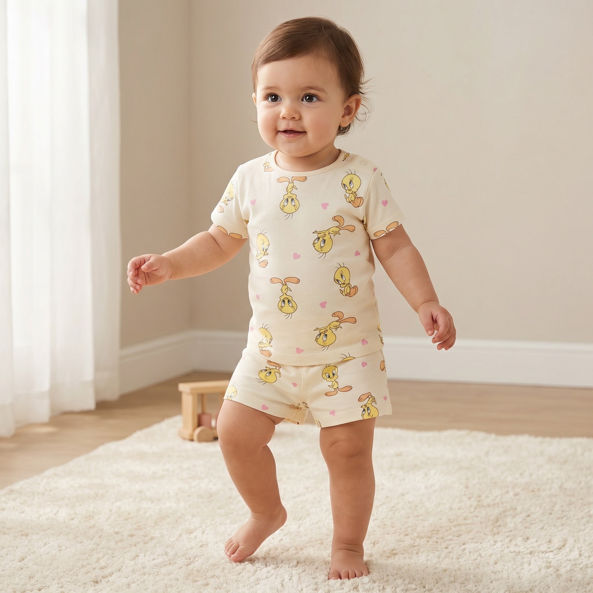 Warner Bros Round Neck Short Sleeve T-shirt and Shorts Set with Tweety Print - 12-18 MTHS