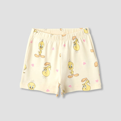 Warner Bros Round Neck Short Sleeve T-shirt and Shorts Set with Tweety Print