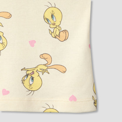 Warner Bros Round Neck Short Sleeve T-shirt and Shorts Set with Tweety Print