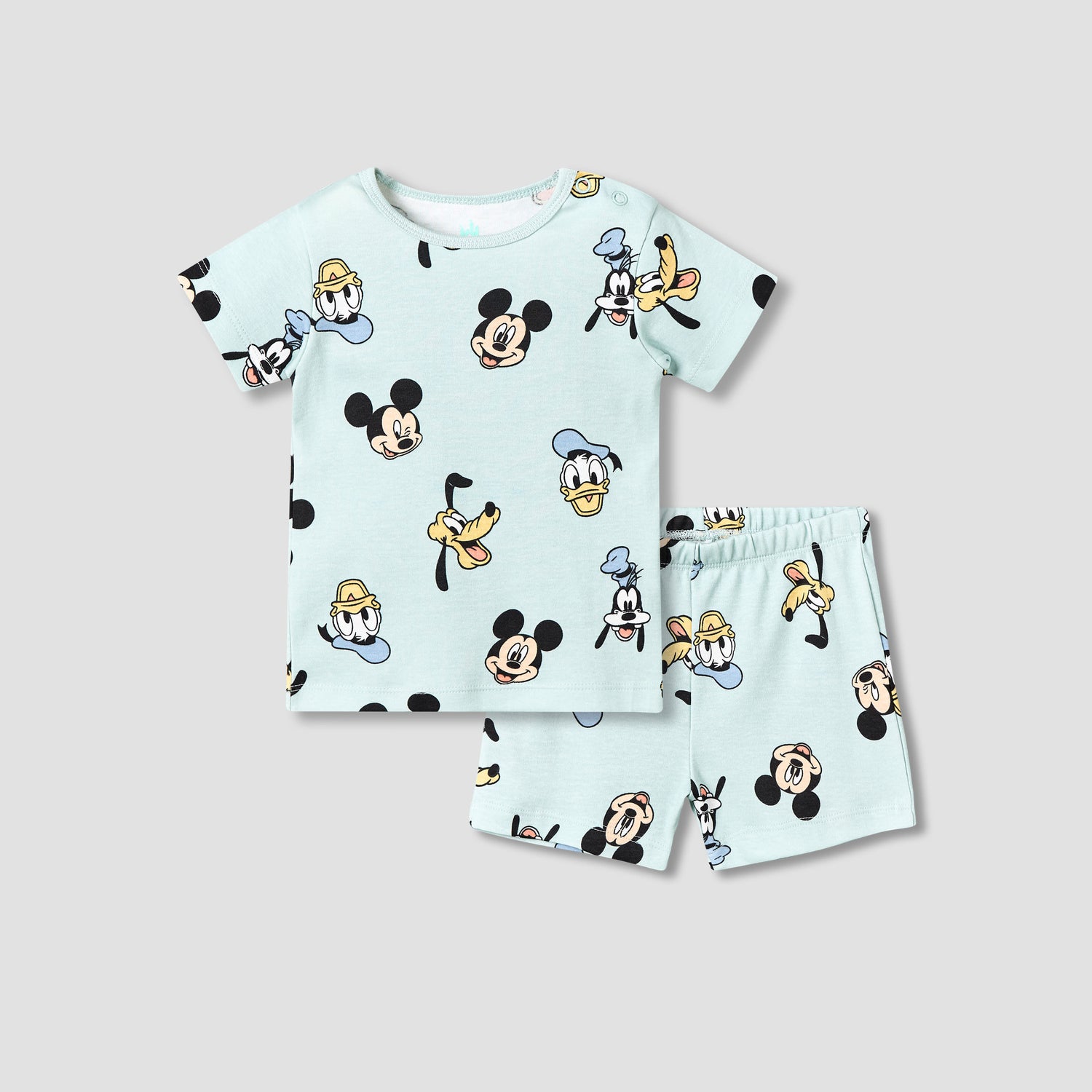 Disney Cotton Round Neck Short Sleeves T-shirt and Shorts Set with Mickey Mouse and Friends Print - Green / 12-18 mths