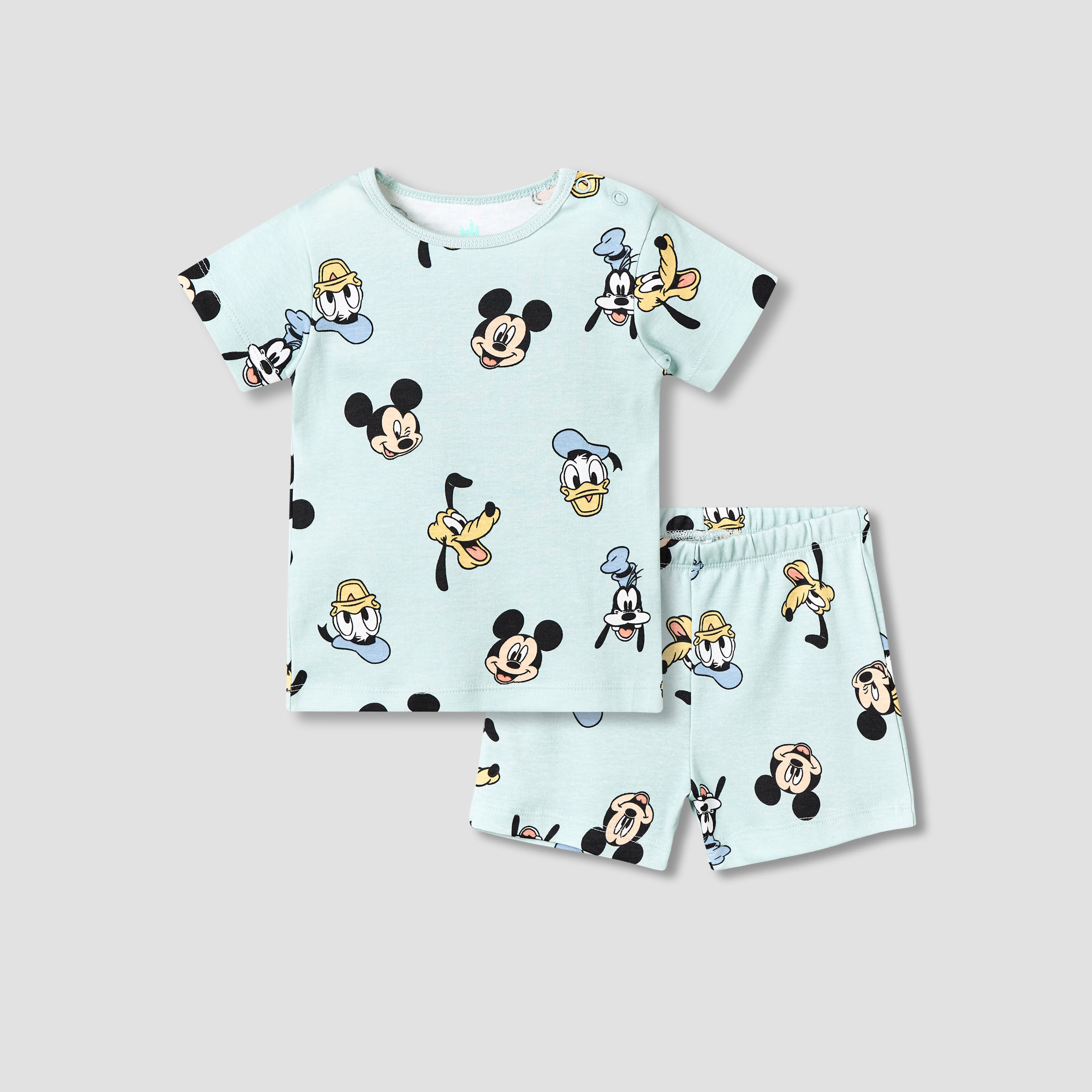 Disney Cotton Round Neck Short Sleeves T-shirt and Shorts Set with Mickey Mouse and Friends Print - Green / 12-18 mths