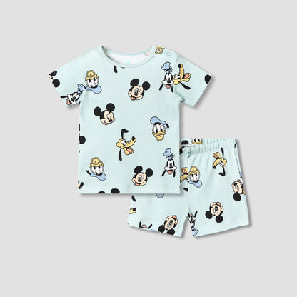 Disney Cotton Round Neck Short Sleeves T-shirt and Shorts Set with Mickey Mouse and Friends Print