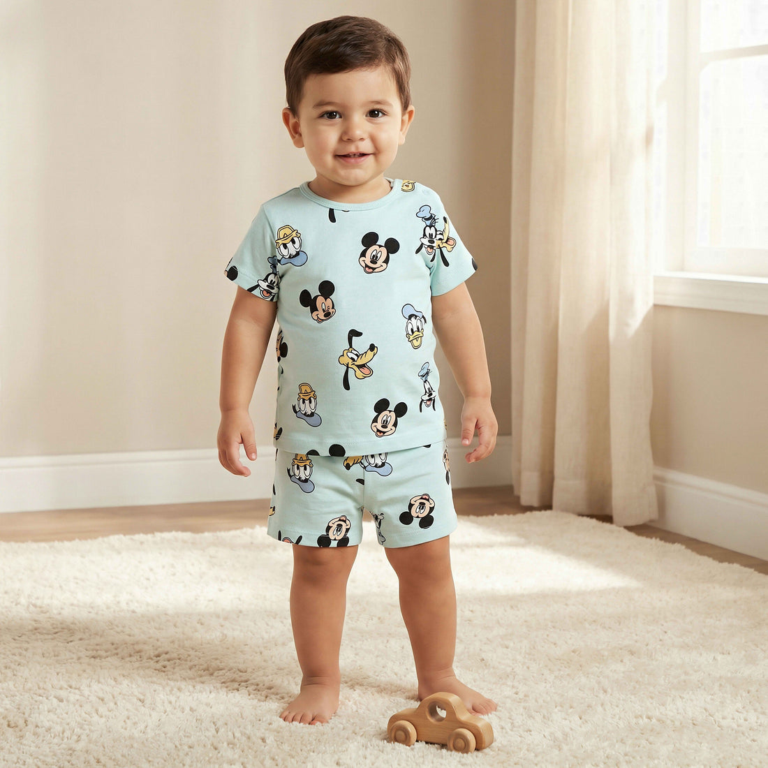 Disney Cotton Round Neck Short Sleeves T-shirt and Shorts Set with Mickey Mouse and Friends Print - Green / 12-18 mths