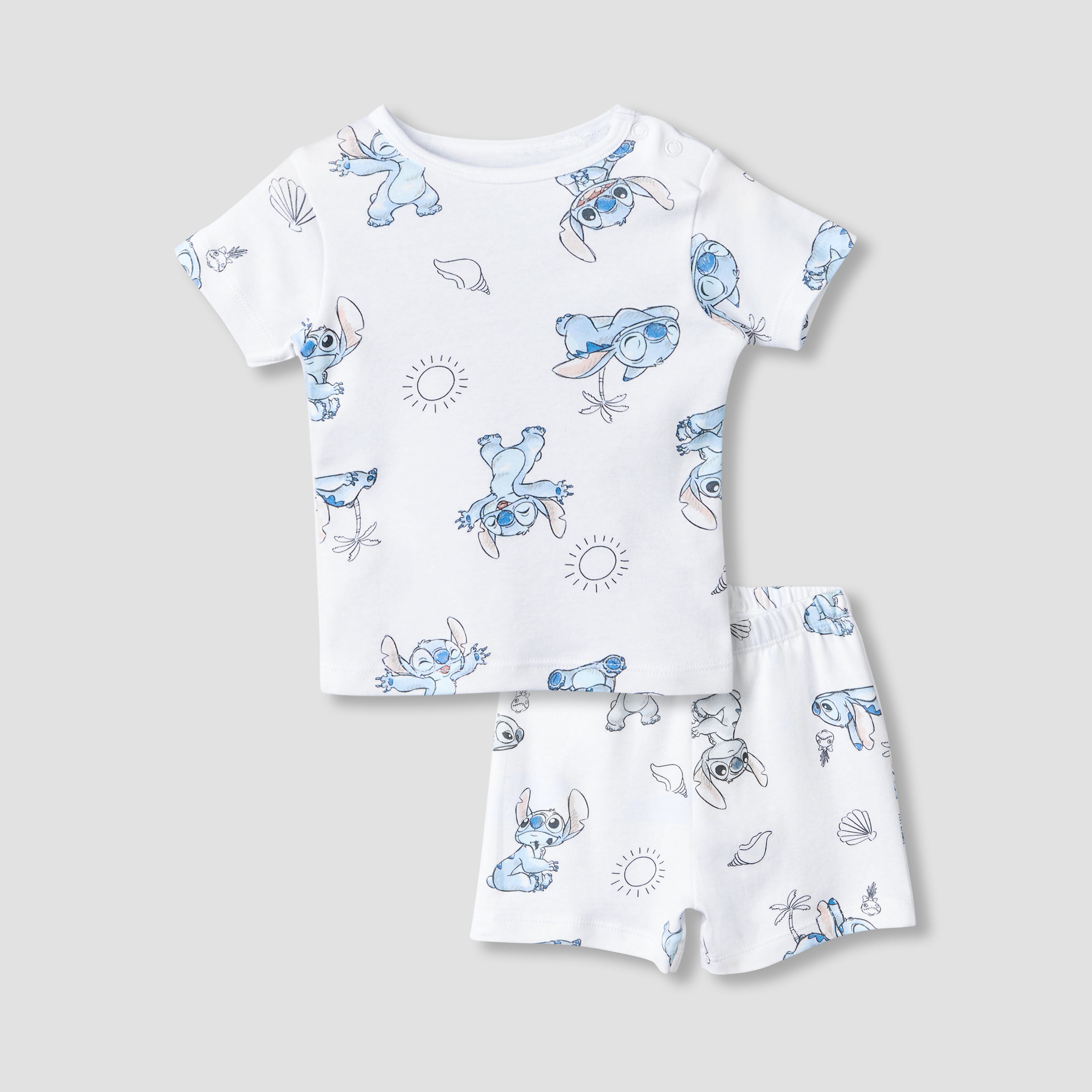 Disney Crew Neck Short Sleeves T-shirt and Shorts Set with Stitch Print - White / 12-18 mths
