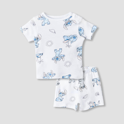 Disney Crew Neck Short Sleeves T-shirt and Shorts Set with Stitch Print