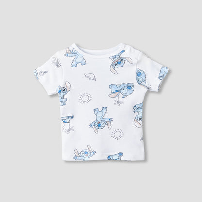Disney Crew Neck Short Sleeves T-shirt and Shorts Set with Stitch Print