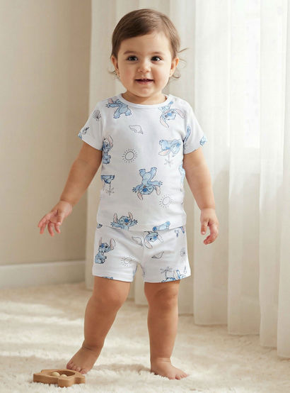 Disney Crew Neck Short Sleeves T-shirt and Shorts Set with Stitch Print-baby-boys-clothing-setsandcoords-image-1