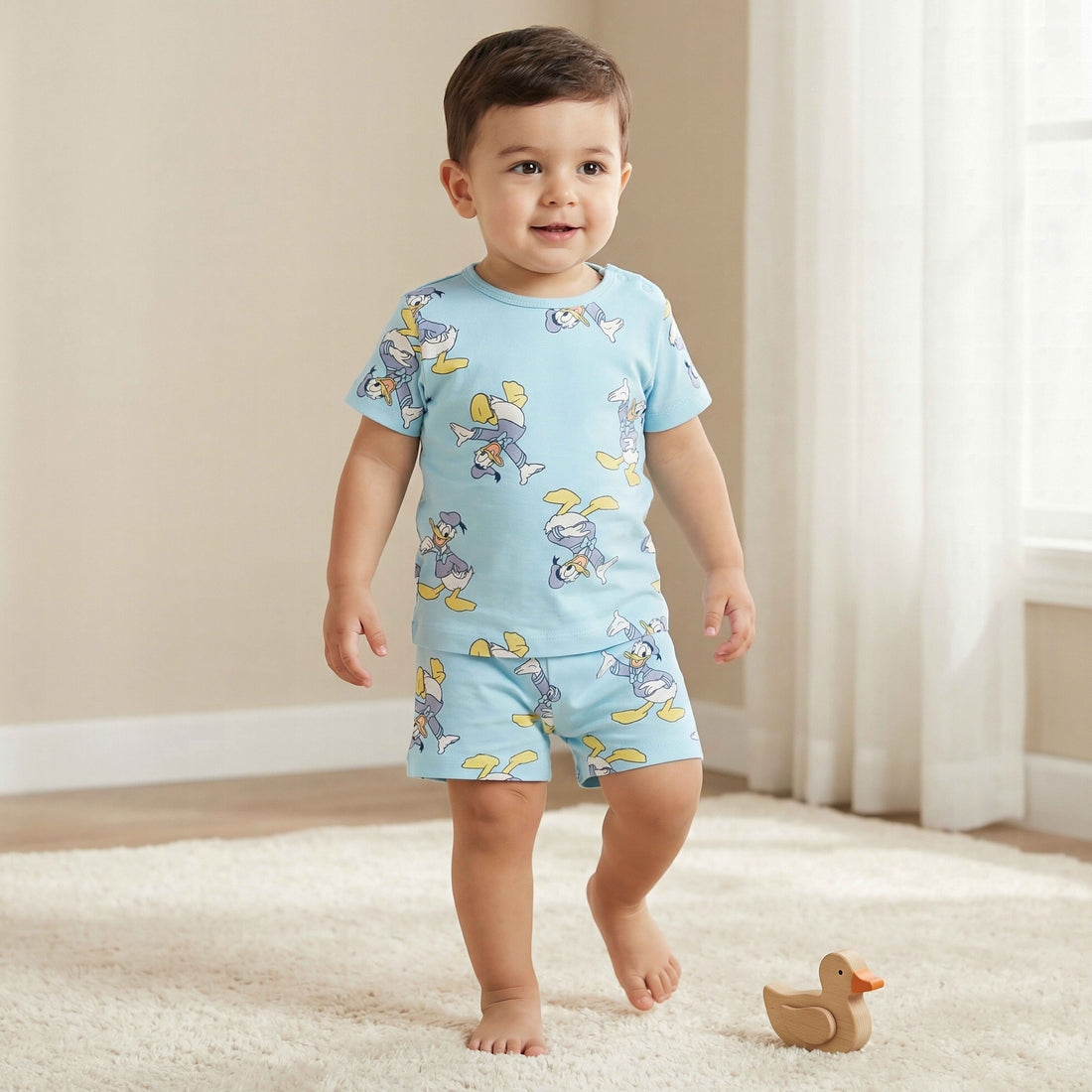 Disney Round Neck Short Sleeves T-shirt and Shorts Set with Donald Duck Print - Blue / 12-18 mths