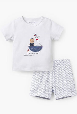 Juniors Crew Neck Short Sleeves T-shirt and Shorts Set with Nautical Embroidery