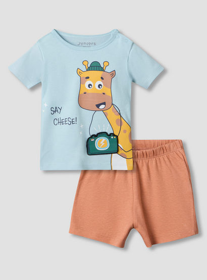 Juniors Round Neck Short Sleeves T-shirt and Shorts Set with Giraffe Print-baby-boys-clothing-setsandcoords-image-2