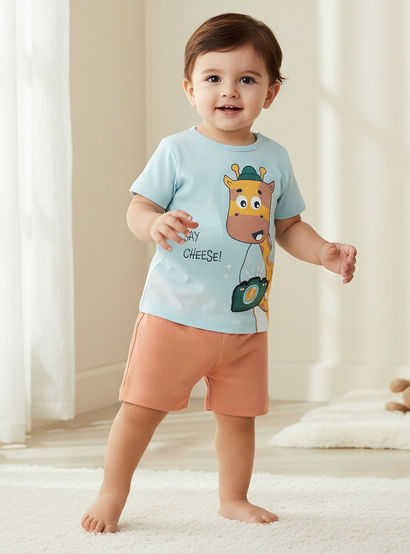 Juniors Round Neck Short Sleeves T-shirt and Shorts Set with Giraffe Print-baby-boys-clothing-setsandcoords-image-1