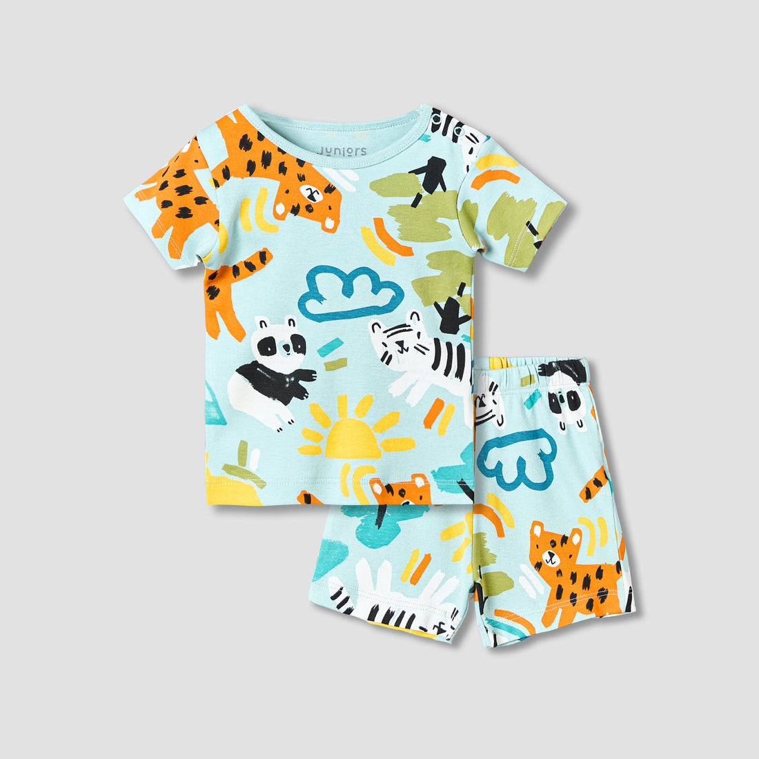 Juniors Cotton Round Neck Short Sleeves T-shirt and Shorts Set with Safari Print - Multicolour / 12-18 mths