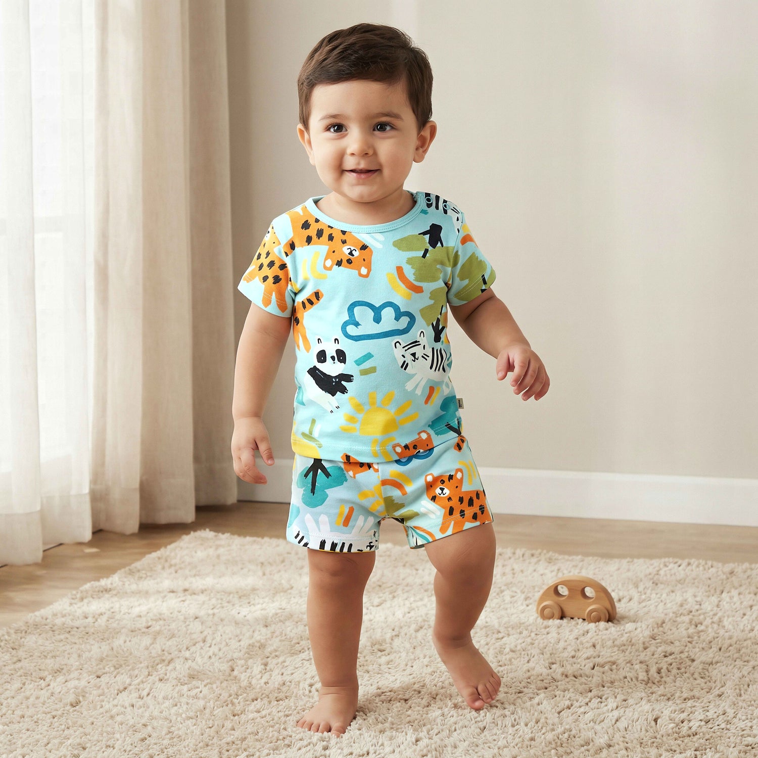Juniors Cotton Round Neck Short Sleeves T-shirt and Shorts Set with Safari Print - Multicolour / 18-24 mths