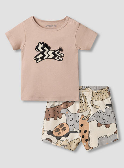 Juniors Round Neck Short Sleeve T-shirt and Shorts Set with Zebra Applique-baby-boys-clothing-setsandcoords-image-2