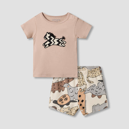 Juniors Round Neck Short Sleeve T-shirt and Shorts Set with Zebra Applique