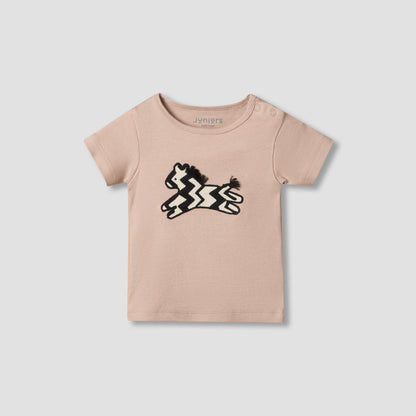 Juniors Round Neck Short Sleeve T-shirt and Shorts Set with Zebra Applique