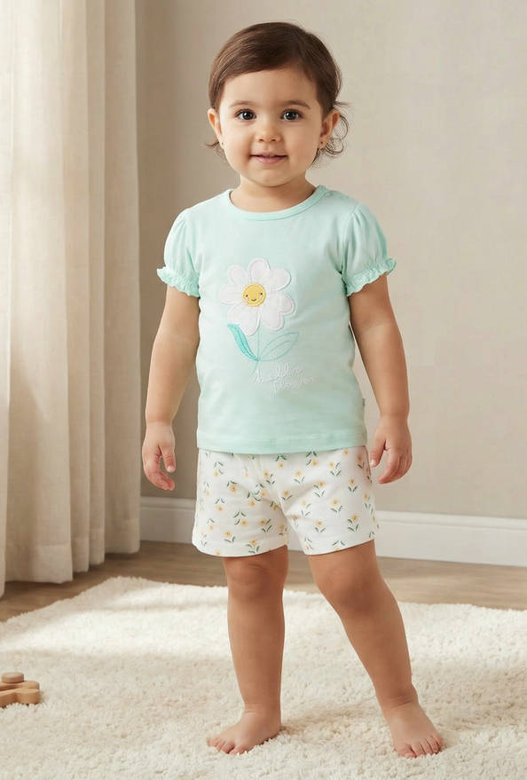 Juniors Round Neck Short Sleeves T-shirt and Shorts Set with Floral Print