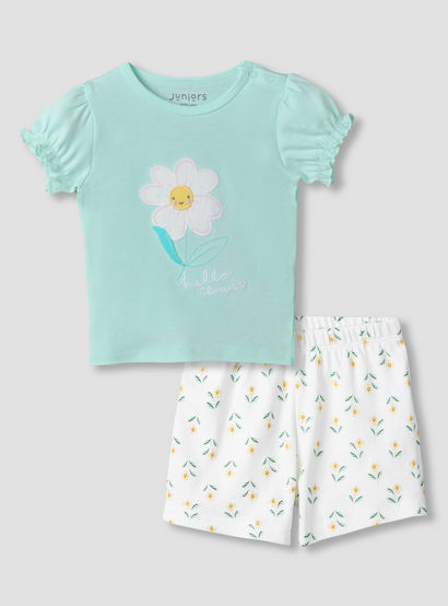 Juniors Round Neck Short Sleeves T-shirt and Shorts Set with Floral Print-baby-girls-clothing-setsandcoords-image-2
