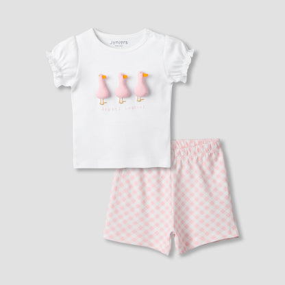 Juniors Crew Neck Short Sleeve T-shirt and Shorts Set with Duck Applique