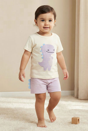 Juniors Cotton Round Neck Short Sleeves T-shirt and Shorts Set with Dinosaur Applique