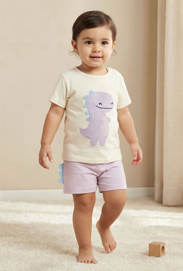Juniors Cotton Round Neck Short Sleeves T-shirt and Shorts Set with Dinosaur Applique