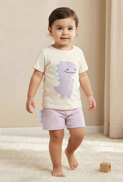 Juniors Cotton Round Neck Short Sleeves T-shirt and Shorts Set with Dinosaur Applique