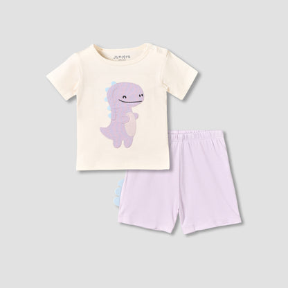 Juniors Cotton Round Neck Short Sleeves T-shirt and Shorts Set with Dinosaur Applique